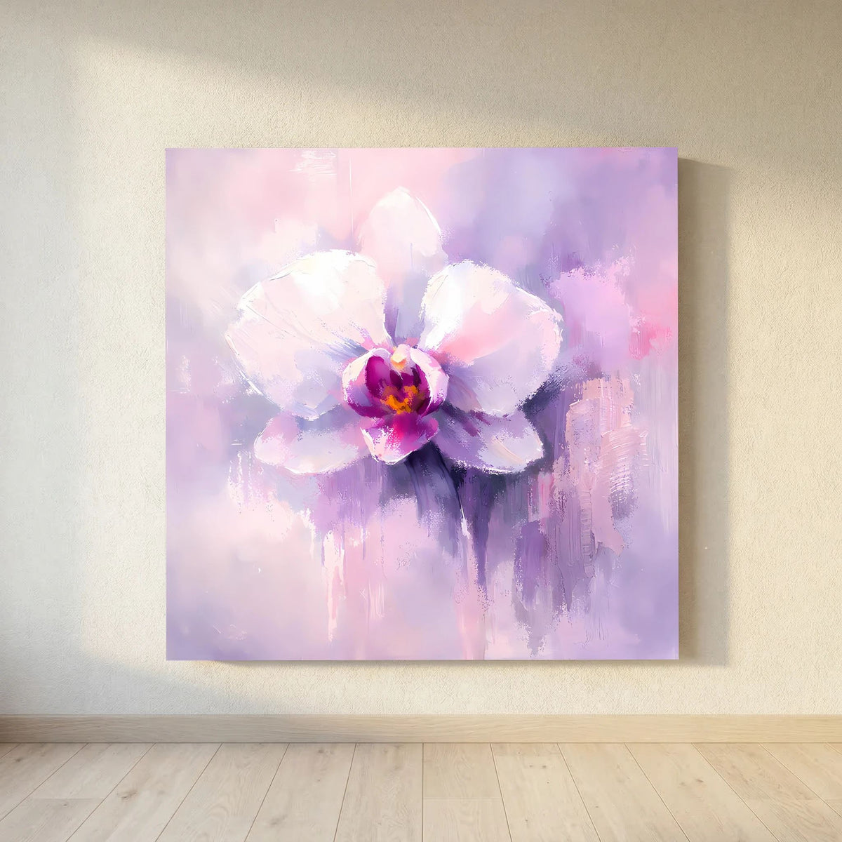 Leinwand-Wandbild mit Orchideenblüte in Pastellviolett, Akzente in Pink und Lila