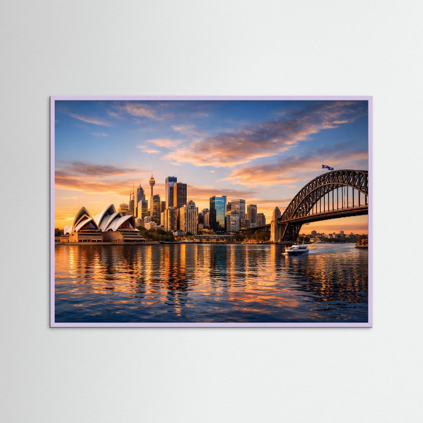 Panoramaposter mit violettem Rahmen: Sydney-Skyline, Opernhaus und Harbour Bridge
