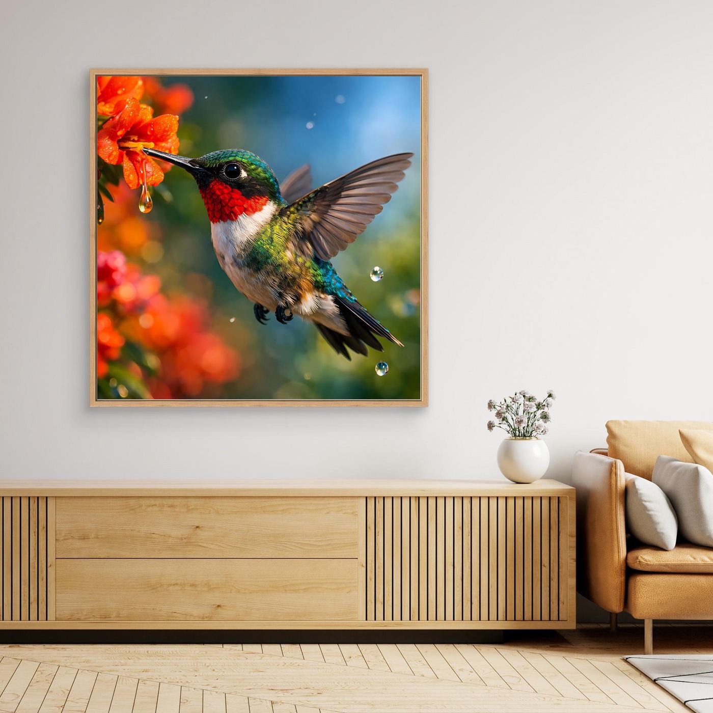 Leinwand Kolibri im Blütenrausch | Farbenfrohes Vogel Natur Wandbild