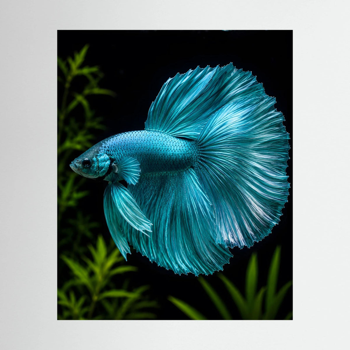 Kunstposter mit türkisfarbenem Kampffisch unter Wasser, seitlich gedreht, weit ausgebreitete Flossen