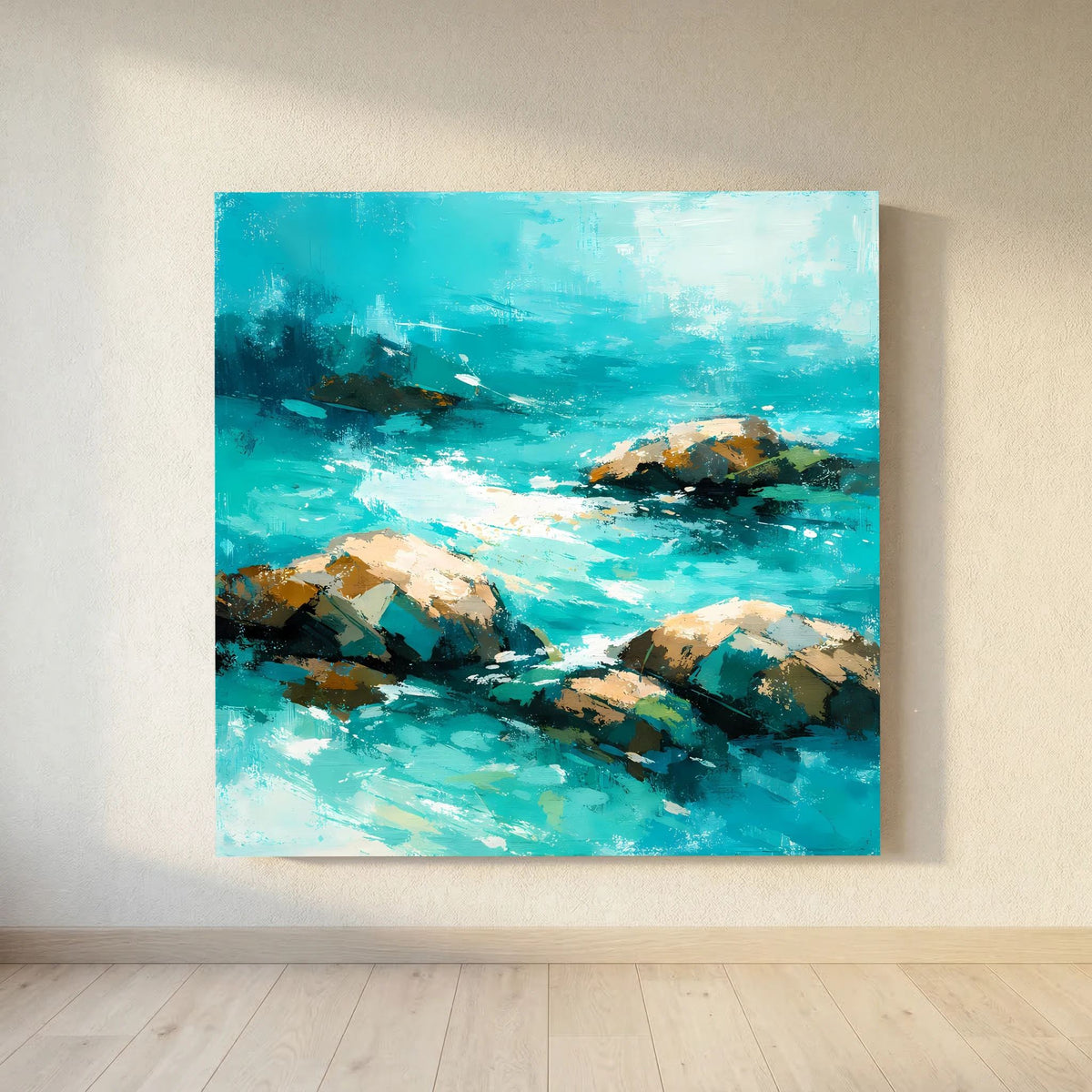 Quadratisches Wandbild auf Leinwand: türkisblaues Meer, Felsen und Pinselstrukturen