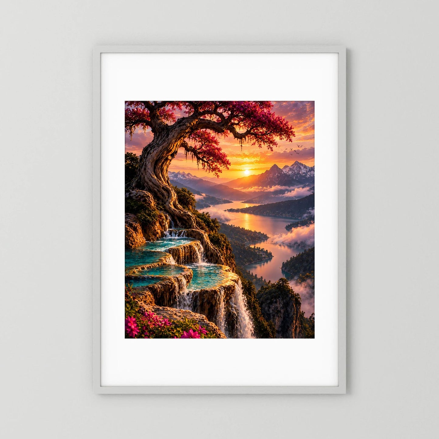Magischer Baum über Bergsee | Wasserfälle im Sonnenuntergang | Poster Hochformat