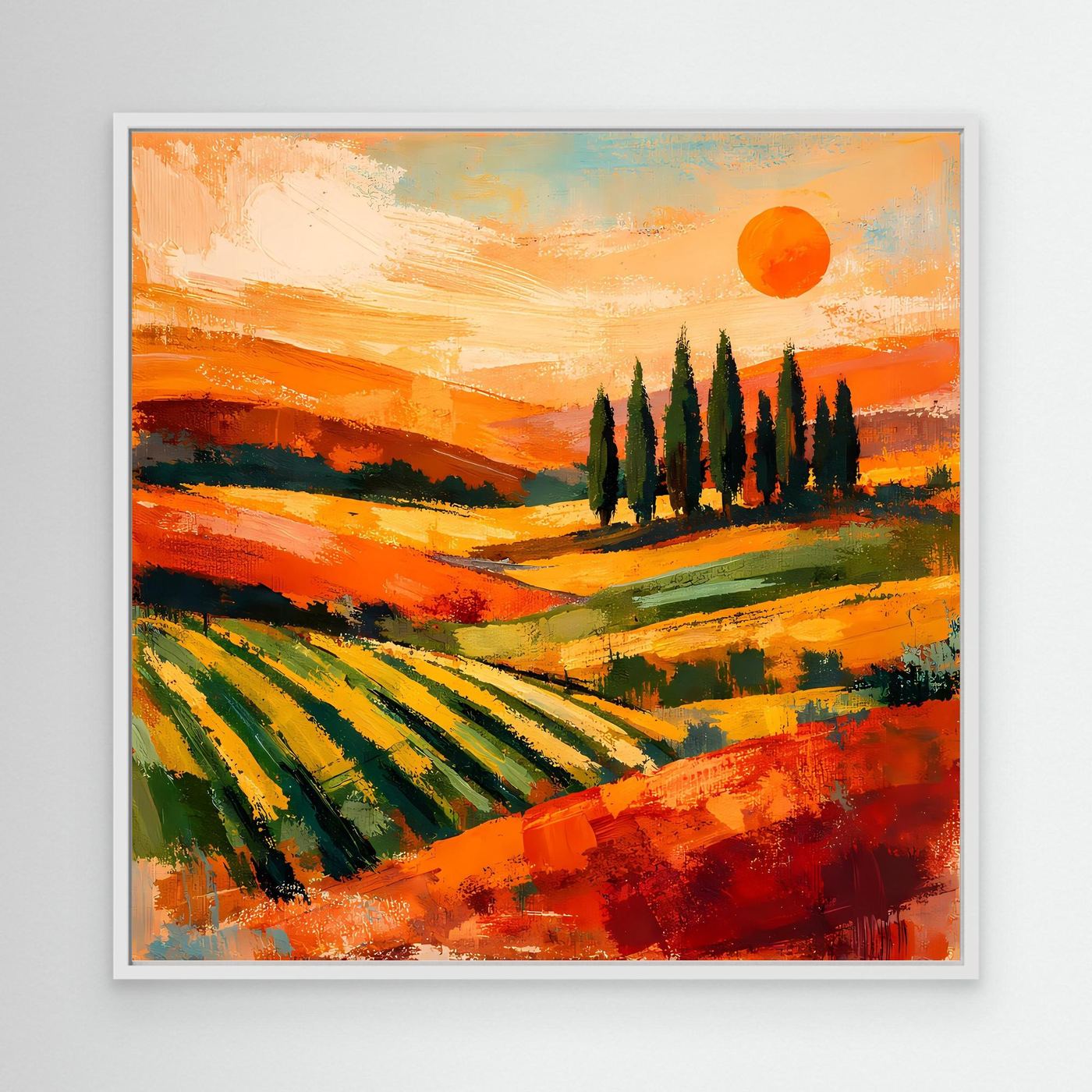 Leinwand-Wandbild mit toskanischer Hügellandschaft, Zypressen und Sonnenuntergang, weißer Rahmen