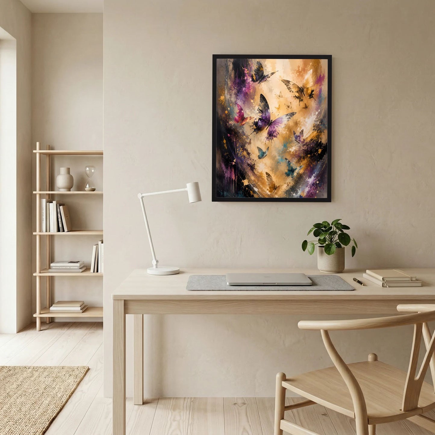Gerahmtes Schmetterlingsposter mit abstrakten Farben: Gold, Lila und Blauschimmer