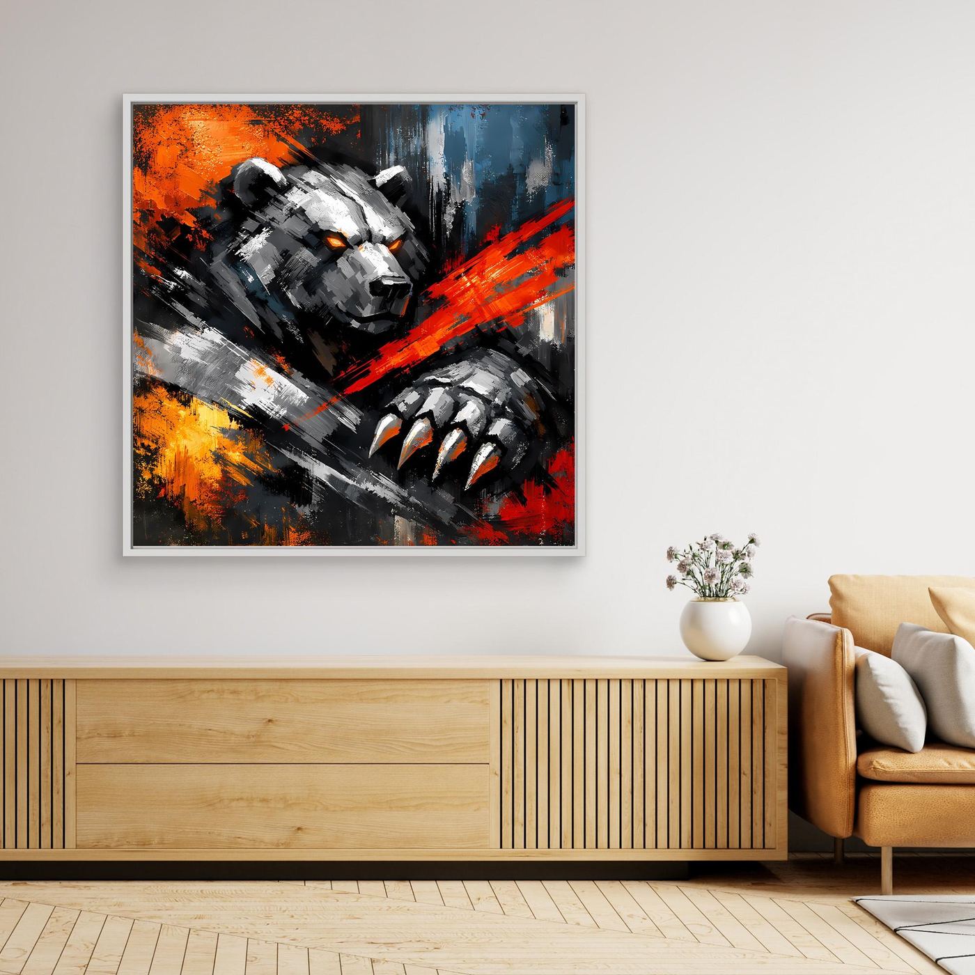 Gerahmtes Leinwand-Wandbild mit abstraktem Kampfbär und Krallen, silberner Rahmen