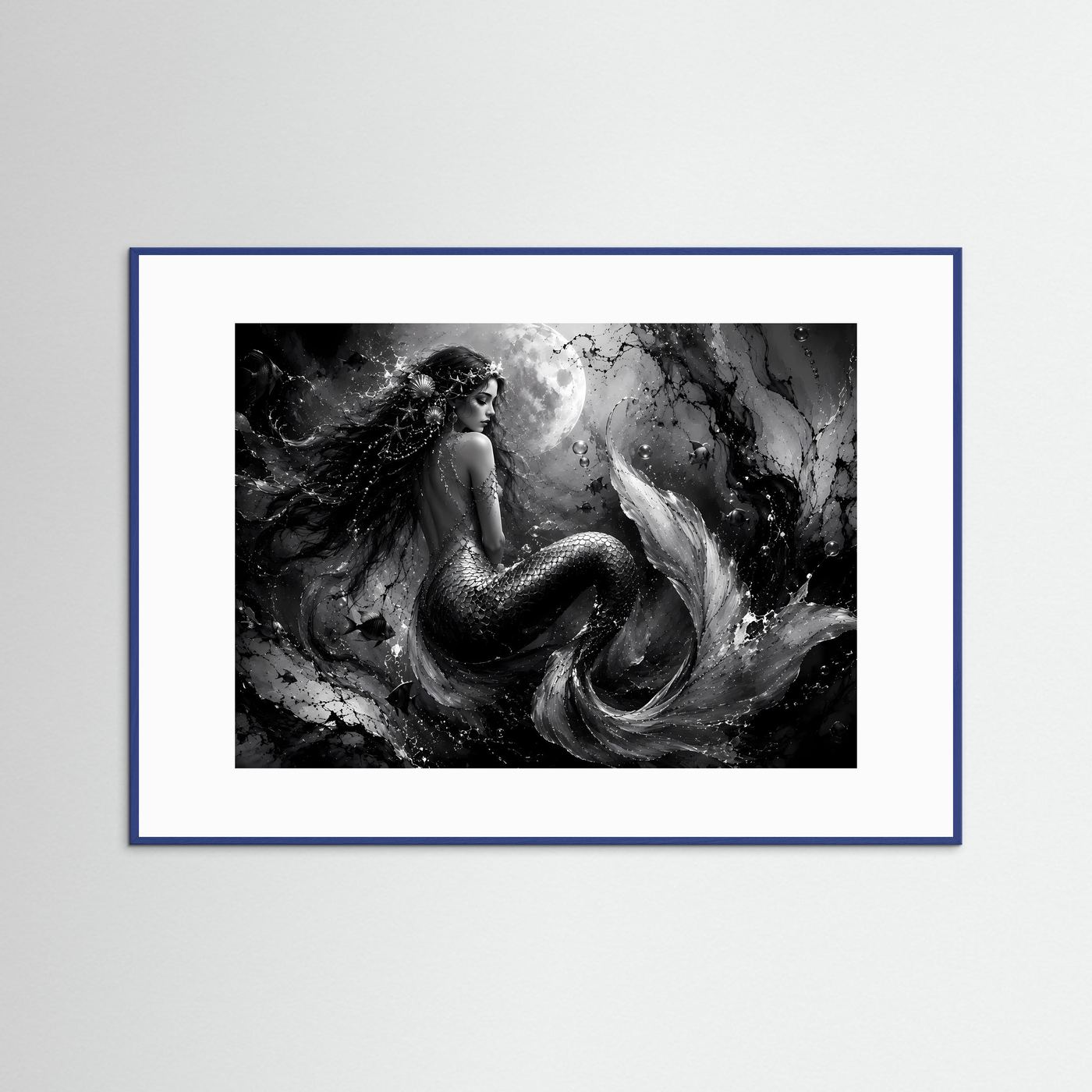 Mystische Meerjungfrau in Schwarz-Weiß | Elegantes Fantasy Poster Querformat