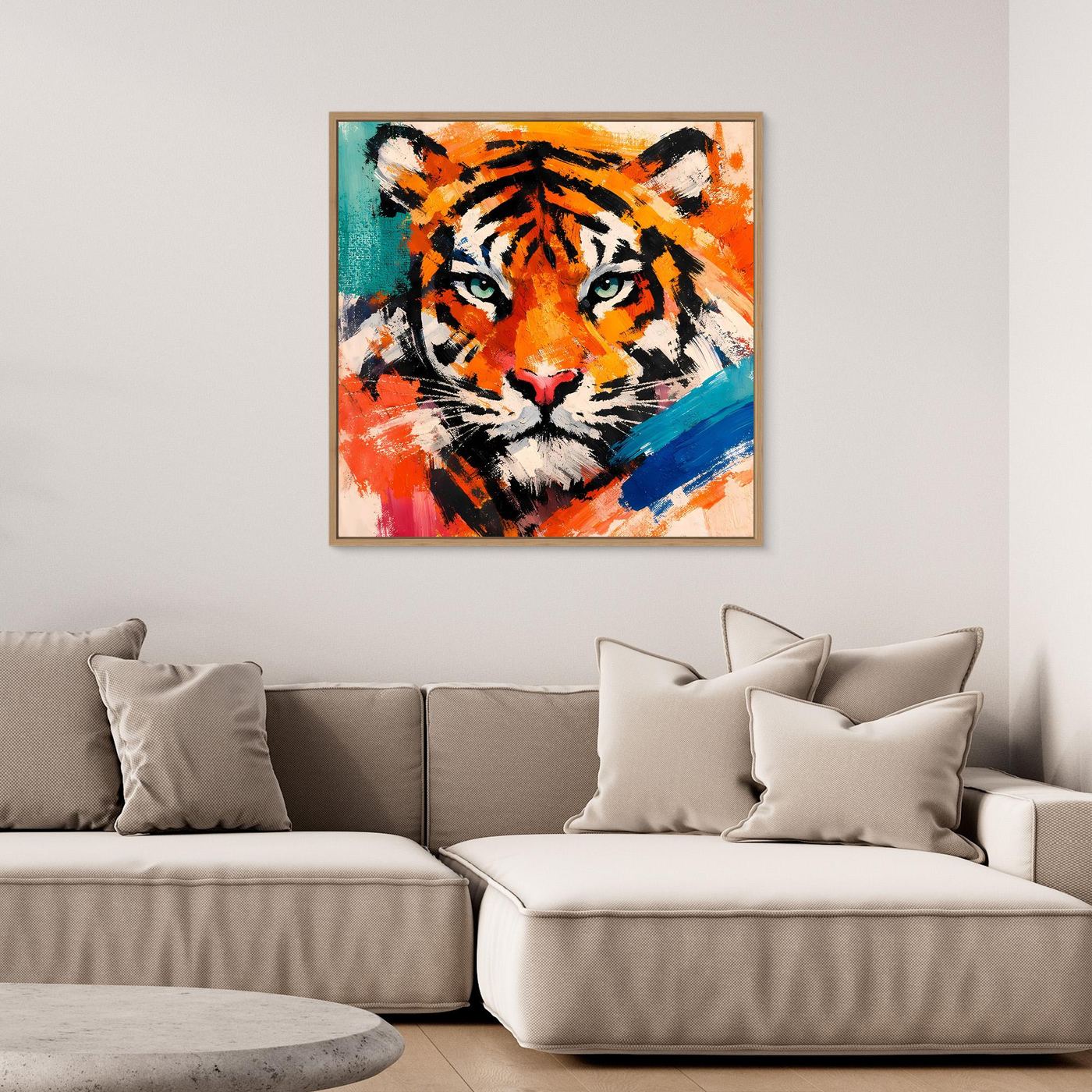 Framed abstract tiger canvas wall art with orange, teal, and red brushstrokes