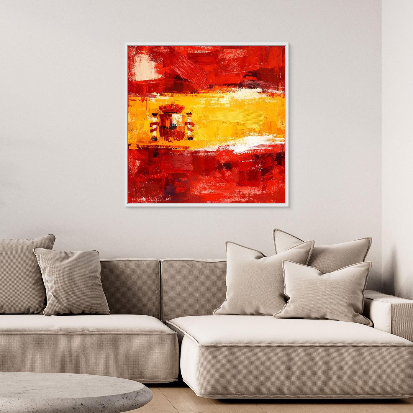 Abstract canvas wall art in square format with red and yellow flag colors and crest-like emblem