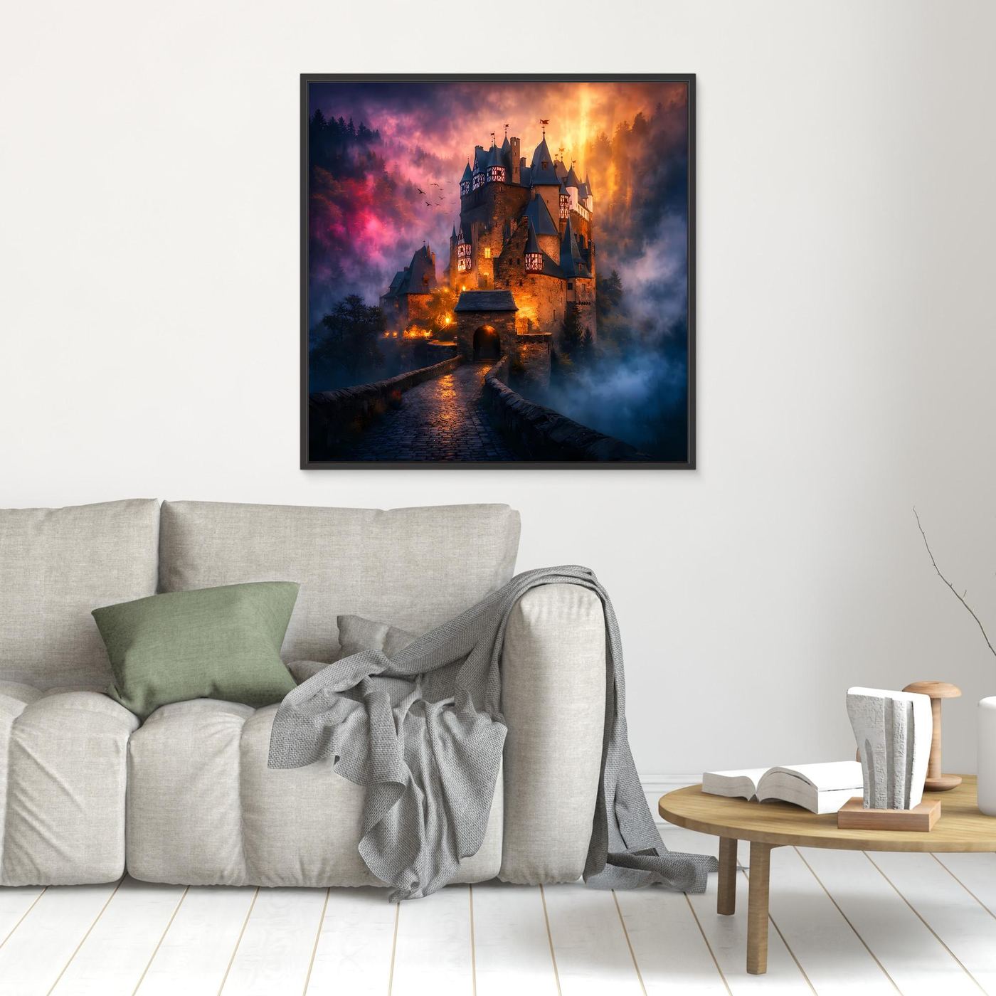 Leinwand Mystische Ritterburg im Nebel | Abstraktes Märchenschloss Wandbild