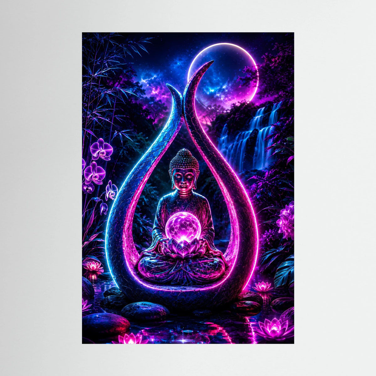 Poster im Hochformat mit Neon-Buddha im Lotus, Mond und violett-blauem Leuchtornament