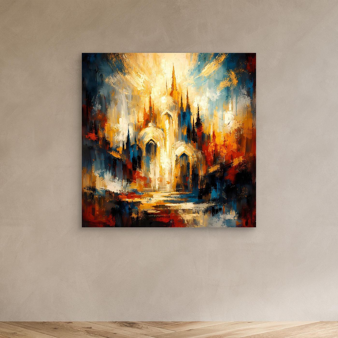 Leinwandbild „Goldene Kathedrale“: abstrakte Architektur in Blau, Gold und Rot, schmaler dunkler Rand