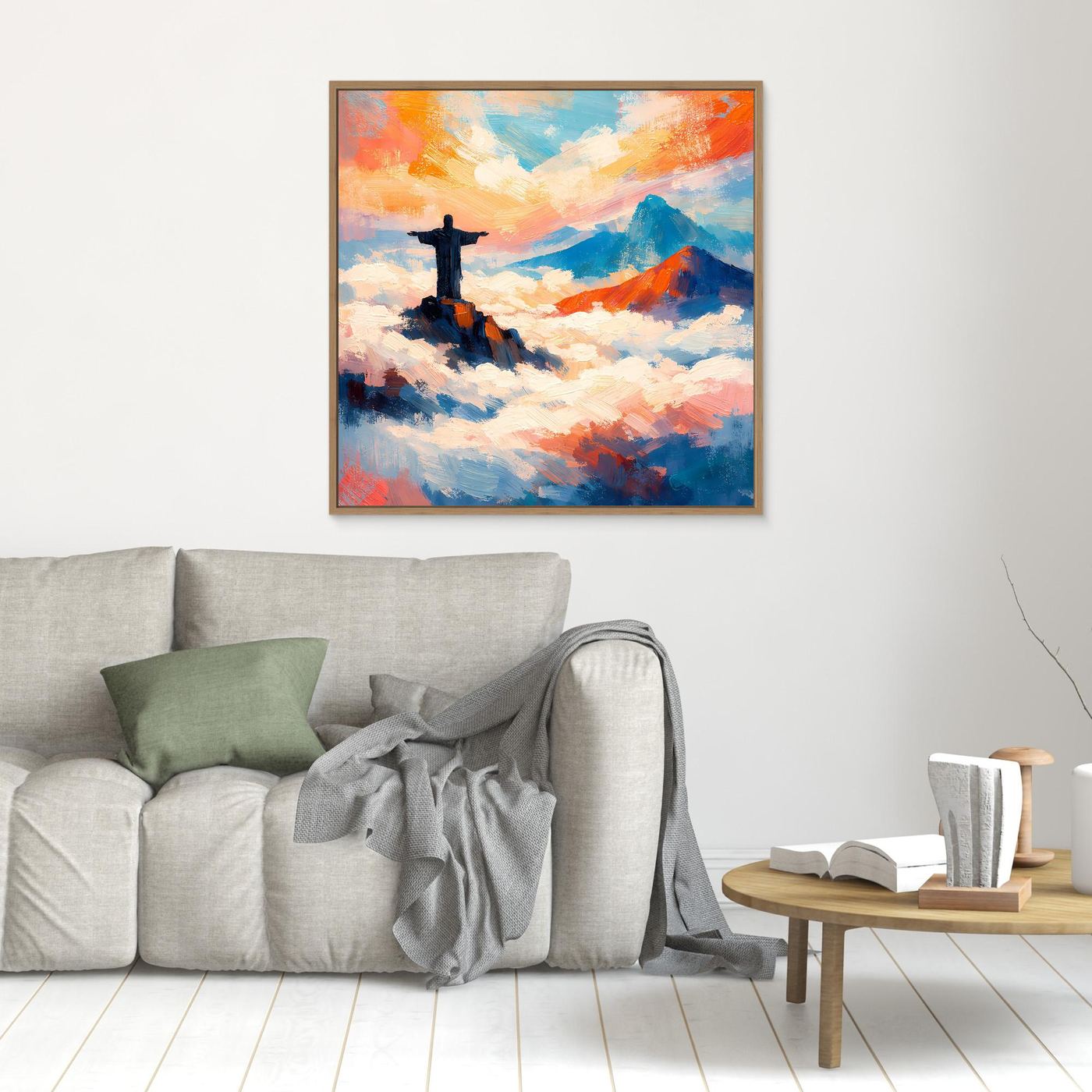 Wandbild auf Leinwand: abstrakter Christus auf Wolken, farbiger Himmel, braun gerahmt