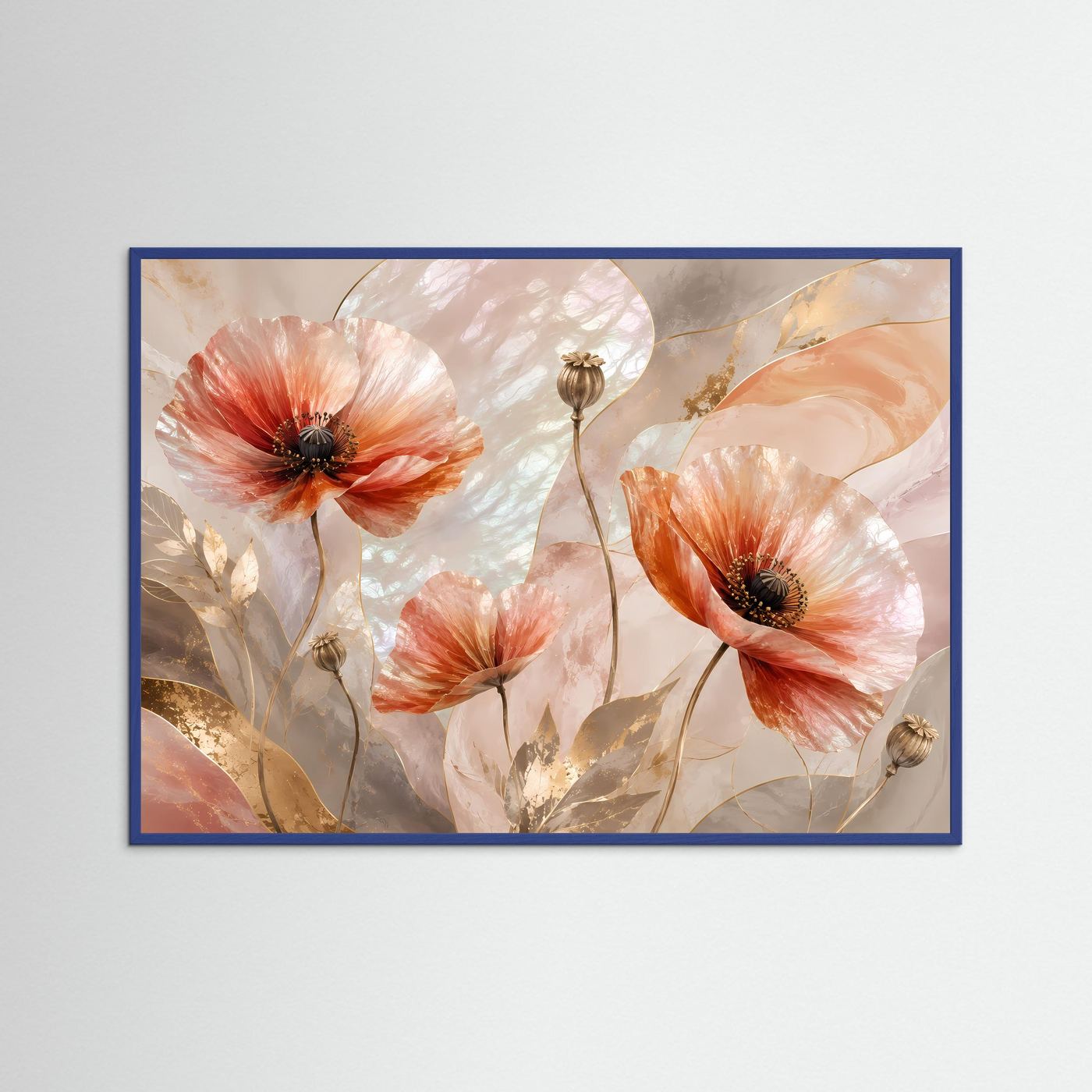 Poster mit abstrakten Mohnblumen in Pastell und Perlmutt, blauer Rahmen, Querformat.