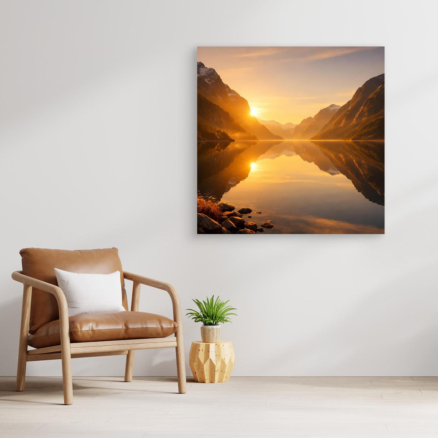 Leinwandbild Goldener Fjord mit Sonnenaufgang über spiegelndem See und Bergen