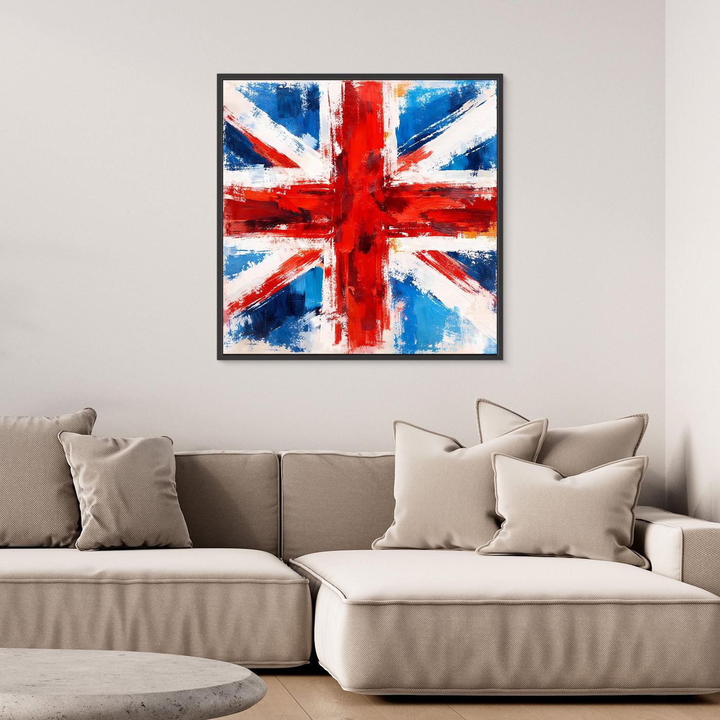 Abstract Union Jack wall art in black frame, blue and red cross with white paint accents