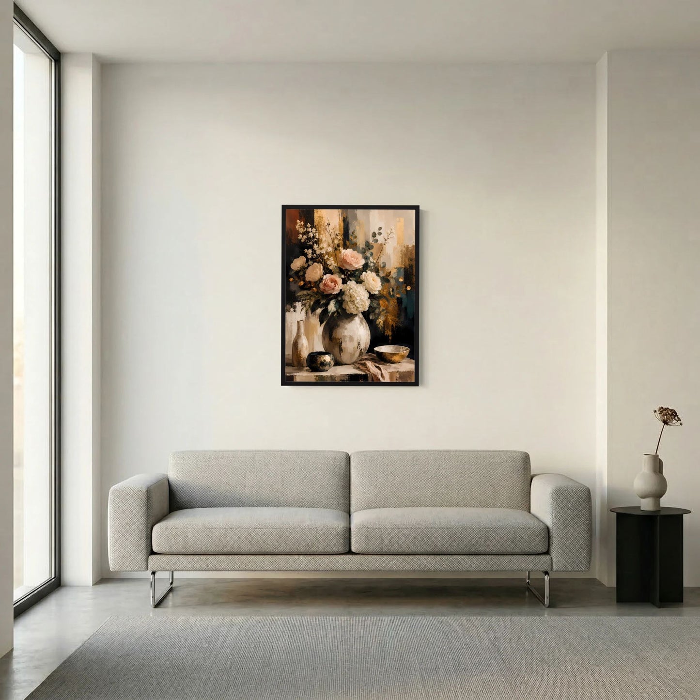 Blumenstillleben-Poster mit Blumenstrauß in Vase, schwarzer Rahmen