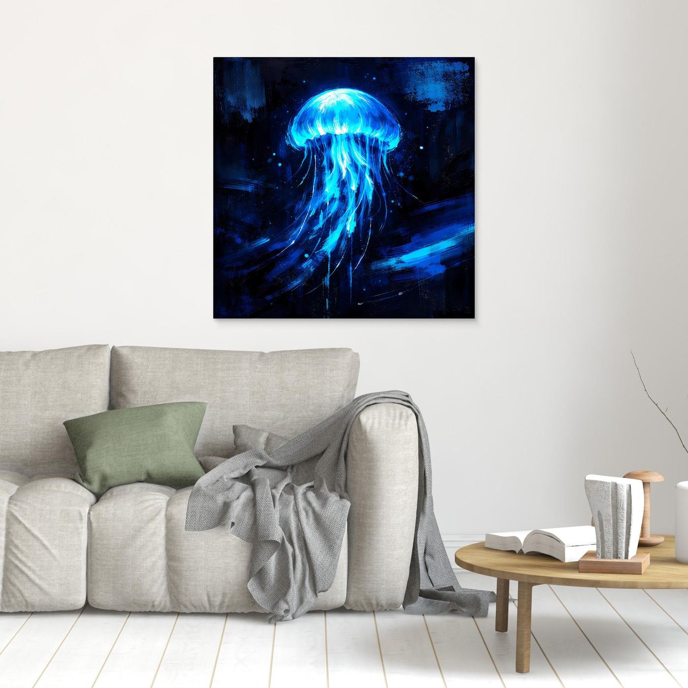 Leinwand Leuchtende Qualle im Tiefsee-Ozean | Abstraktes Biolumineszenz Wandbild