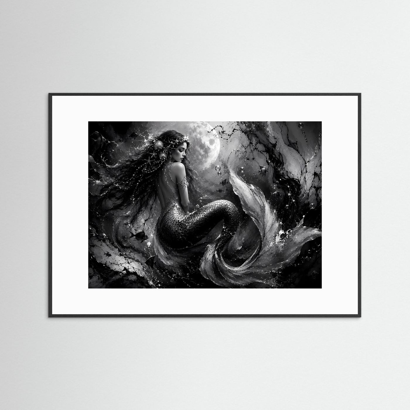 Mystische Meerjungfrau in Schwarz-Weiß | Elegantes Fantasy Poster Querformat