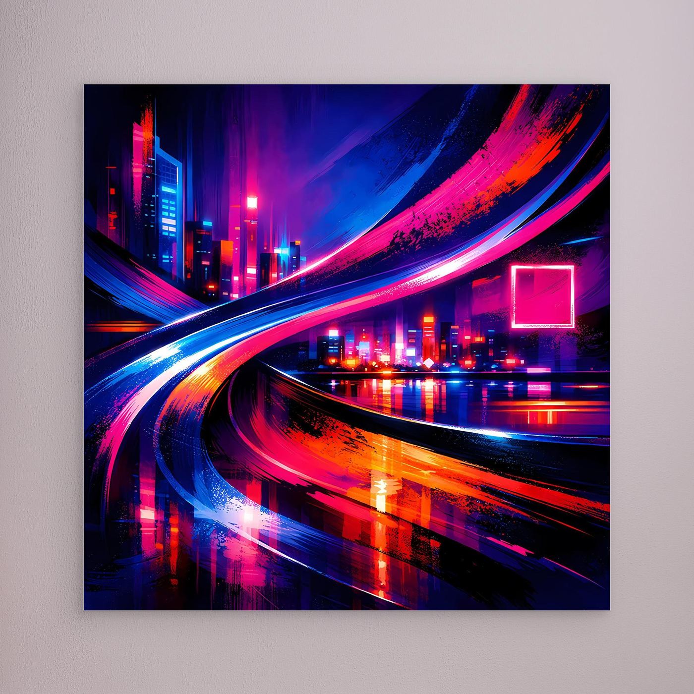 Leinwandbild mit Neon-Stadt und farbigen Lichtbahnen, gerahmt