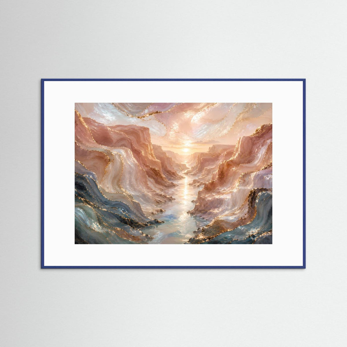 Querformat-Poster: abstrakte Canyonlandschaft mit Fluss in Roségold, blauer Rahmen