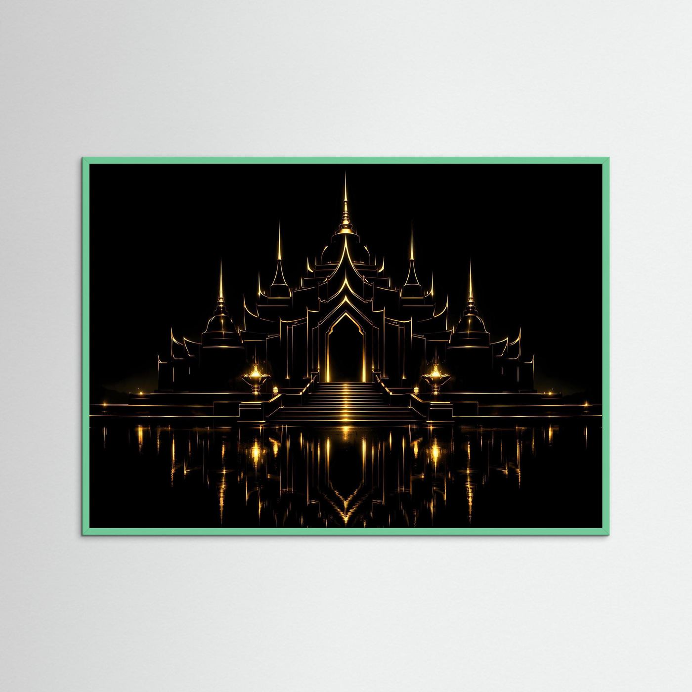 Wandbild mit gold beleuchtetem Tempel und Spiegelung auf dunklem Hintergrund, grüner Rahmen