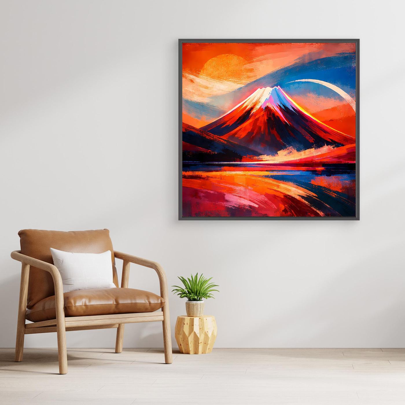 Wandbild aus Leinwand mit abstraktem Berg bei Sonnenuntergang, Blau- und Rottöne
