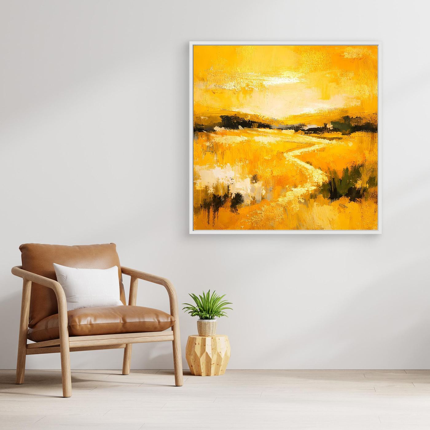 Leinwand Abstraktes Landschaftsgemälde in Gelb und Gold | Modernes Natur Wandbild mit Fluss