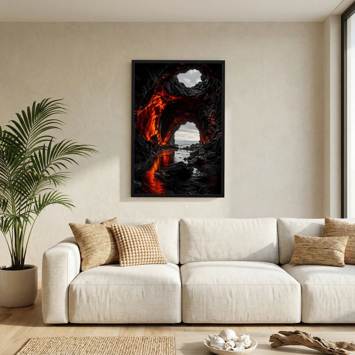 Poster im Hochformat mit schwarzem Rahmen: Lavahöhle mit orange-roter Lava und Wasserfläche