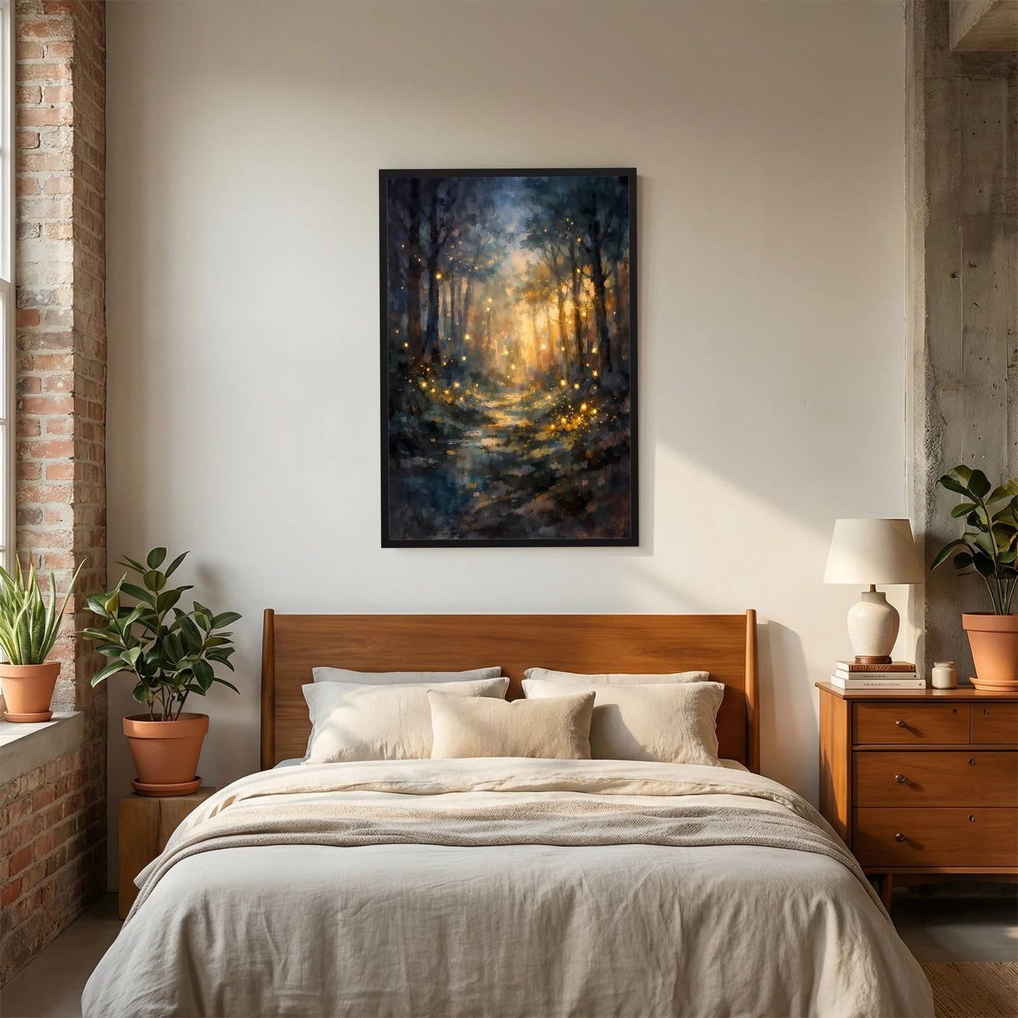 Hochformatiges Wandbild mit leuchtendem Waldweg und goldenen Lichtpunkten, schwarzer Rahmen