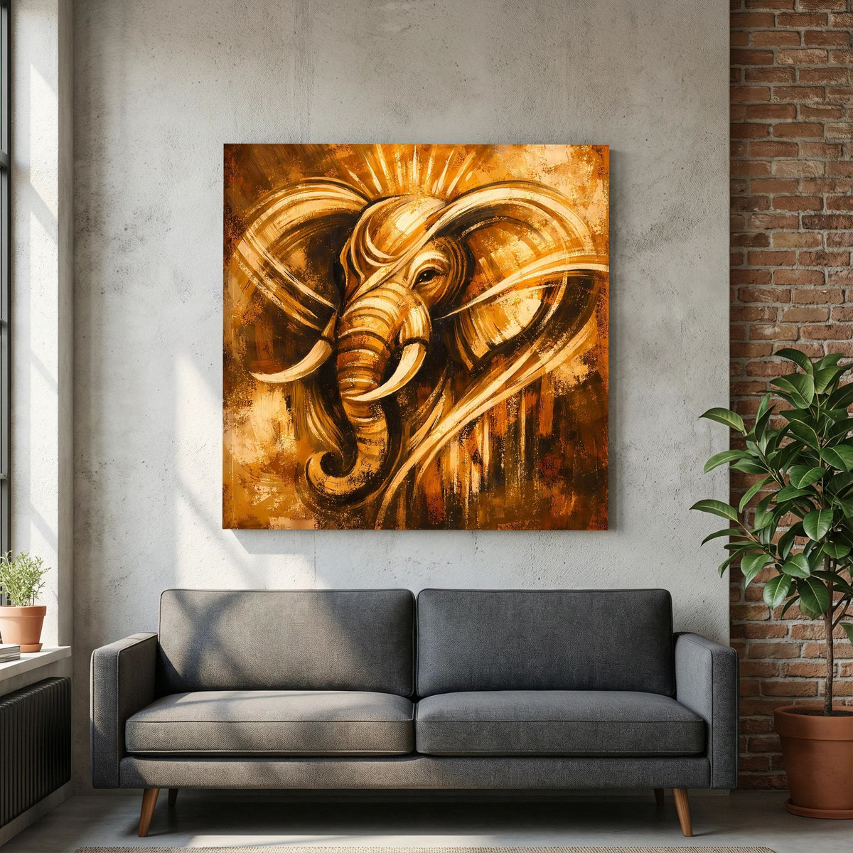 Abstraktes Wandbild auf Leinwand mit goldener Elefantenkopf-Silhouette und braunem Sprenkel