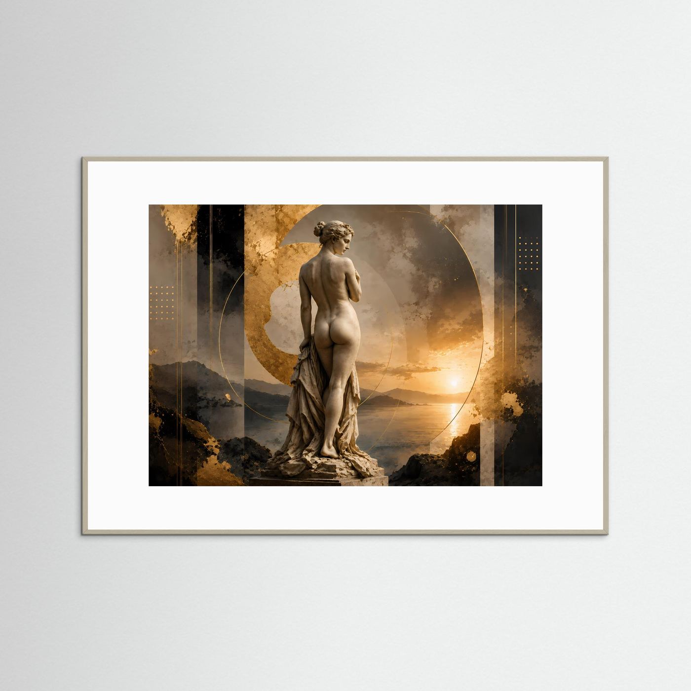 Gerahmtes Querformat-Poster: Bronzene Frauenskulptur, gold-schwarz mit Mond- und Lichtmotiv