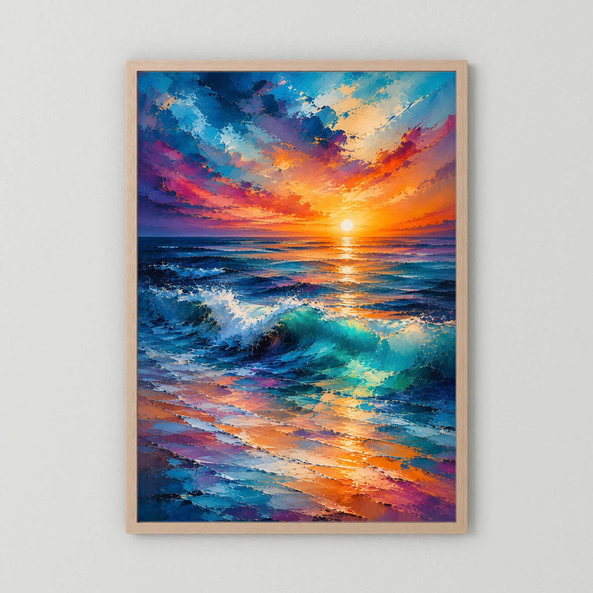 Hochformat-Poster Meer bei Sonnenuntergang, farbige Wellen, heller Holzrahmen