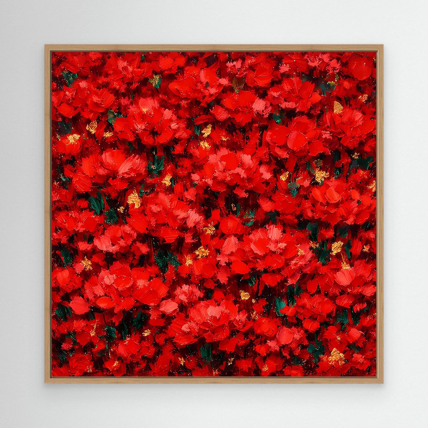 Abstraktes rotes Blütenmeer-Leinwandbild mit floralen Motiven, Holzrahmen