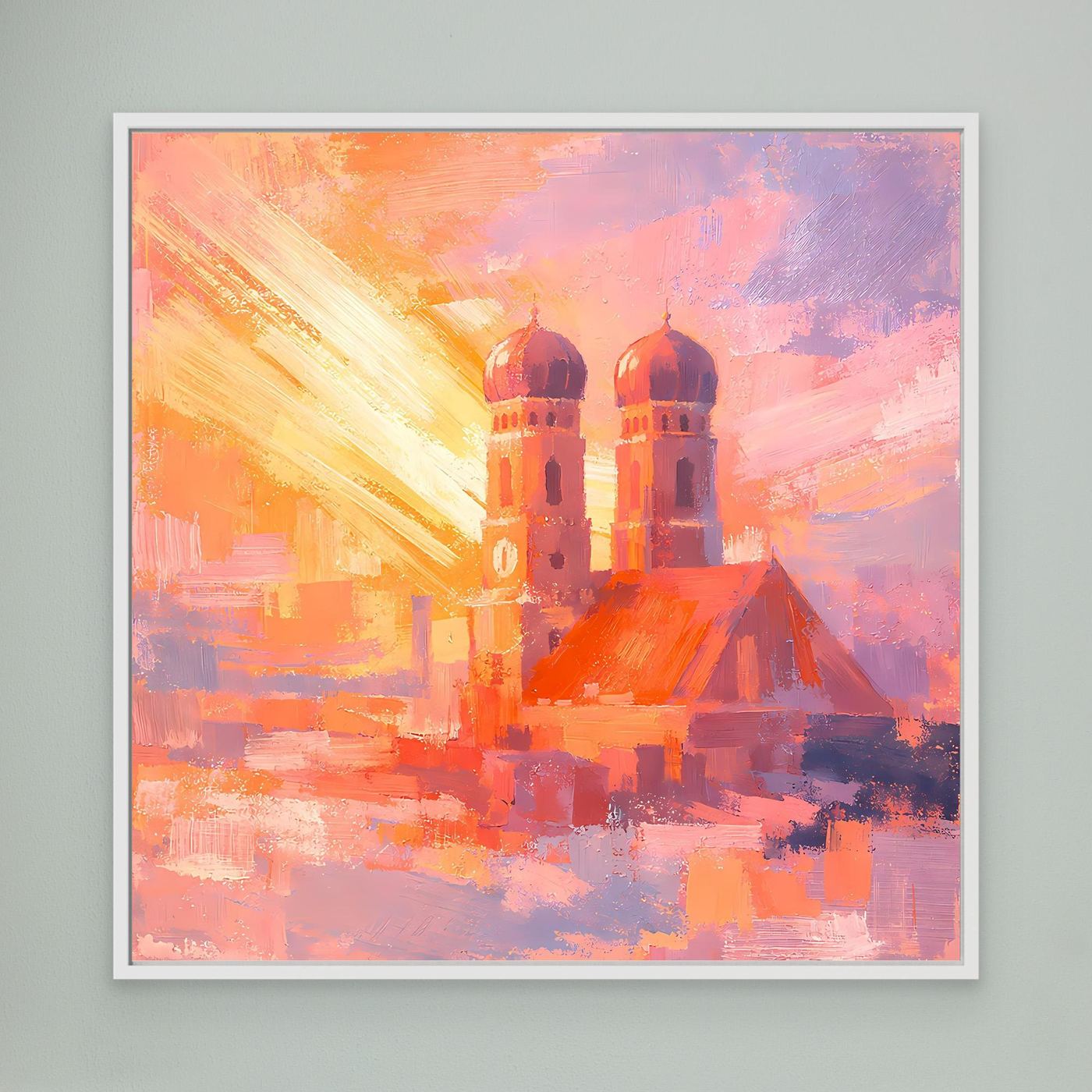 Premium Leinwand Frauenkirche München im Sonnenaufgang | Abstraktes Skyline Wandbild Bayern
