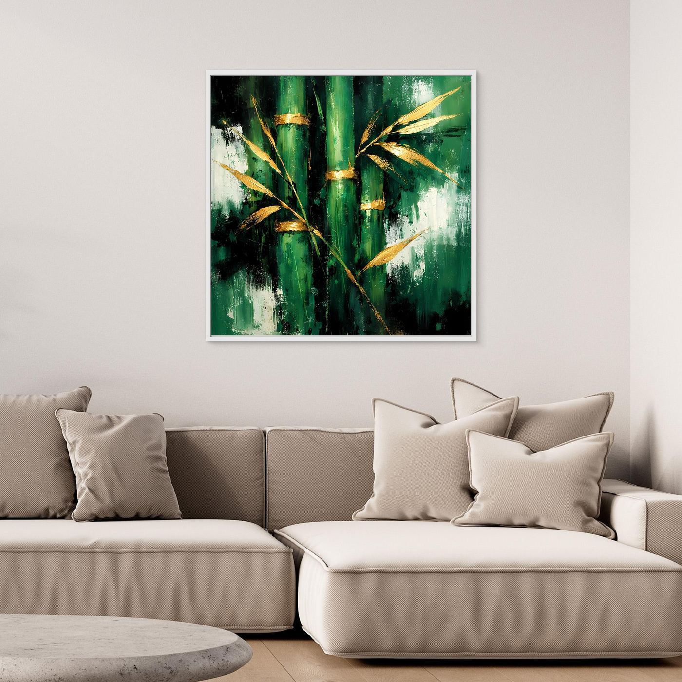 Leinwand Abstraktes Bambus Gemälde in Grün und Gold | Modernes Natur Wandbild
