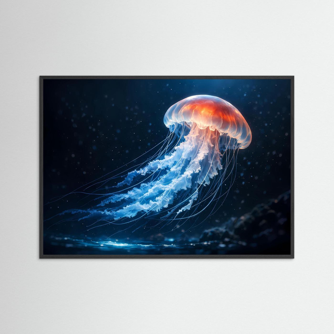 Poster Querformat mit leuchtender Qualle im Tiefsee-Panorama, schwarze Einfassung