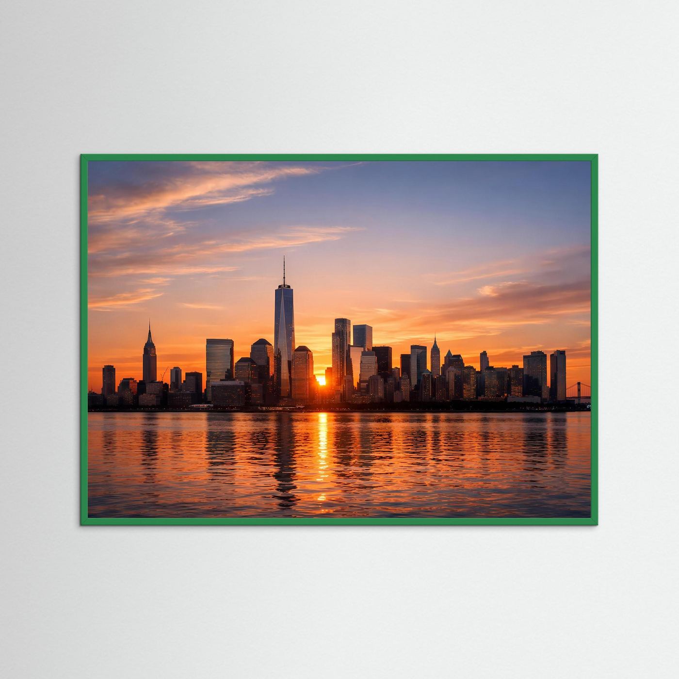 Architekturposter Querformat: New-York-Skyline bei Sonnenuntergang, im grünem Rahmen
