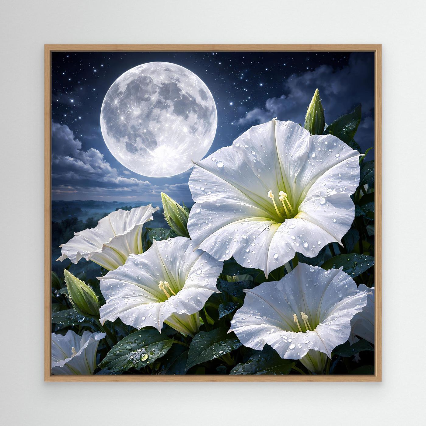 Wandbild mit weißen Lilien und großem Vollmond, Sternenhimmel, brauner Holzrahmen