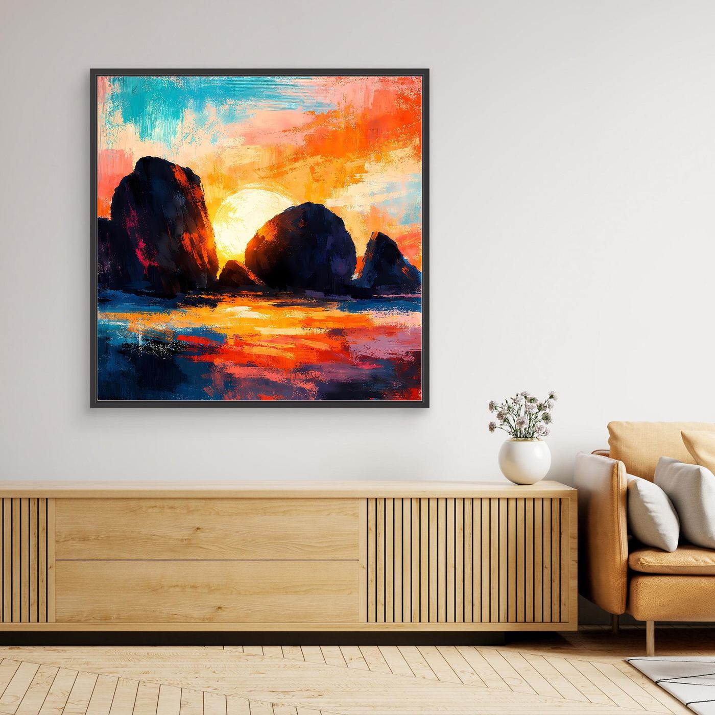 Abstraktes Leinwand-Wandbild mit Meerfelsen, türkis-orange Sonnenuntergang, schwarzer Rahmen