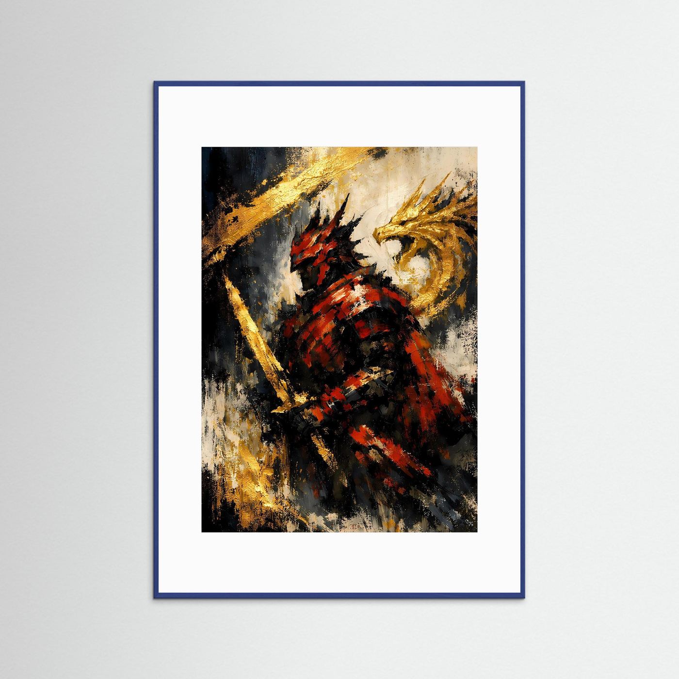 Samurai- und Drachen-Poster, goldene und glutrote Grafik, blau gerahmt, Hochformat