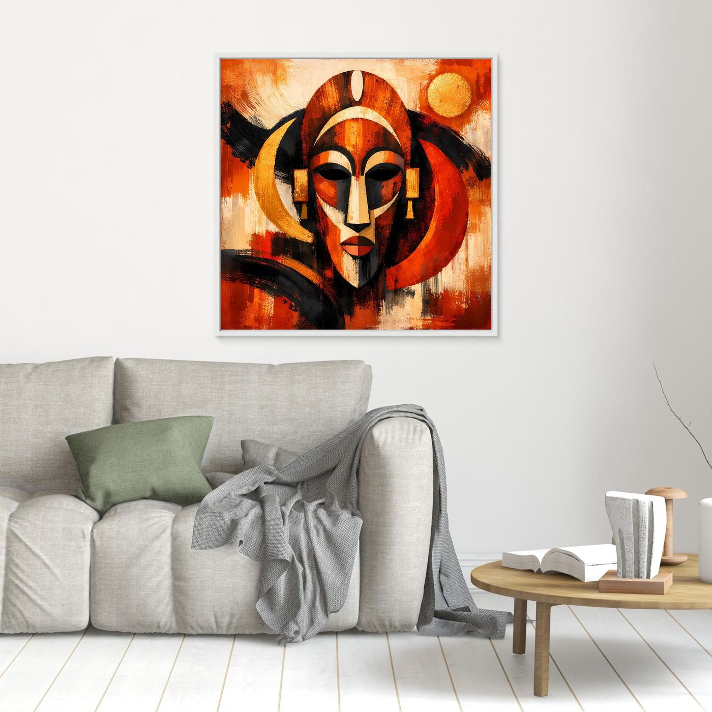 Kleines gerahmtes Leinwandbild: afrikanische Maske, Rot-Orange, Schwarz und goldene Formen