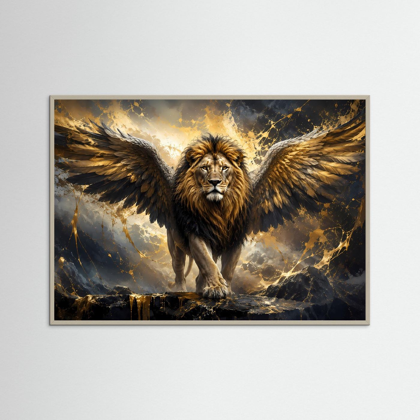 Geflügelter Löwe in Schwarz & Gold | Majestätische Fantasy Löwen Kunst