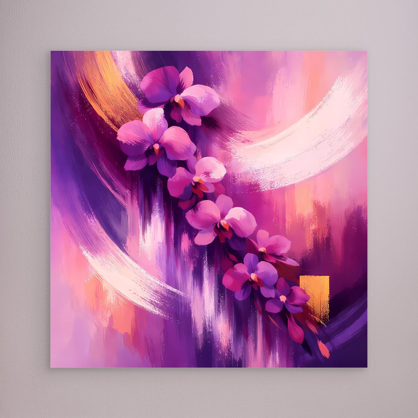 Leinwandbild mit abstrakten Orchideen, lila und pink, ohne sichtbaren Rahmen