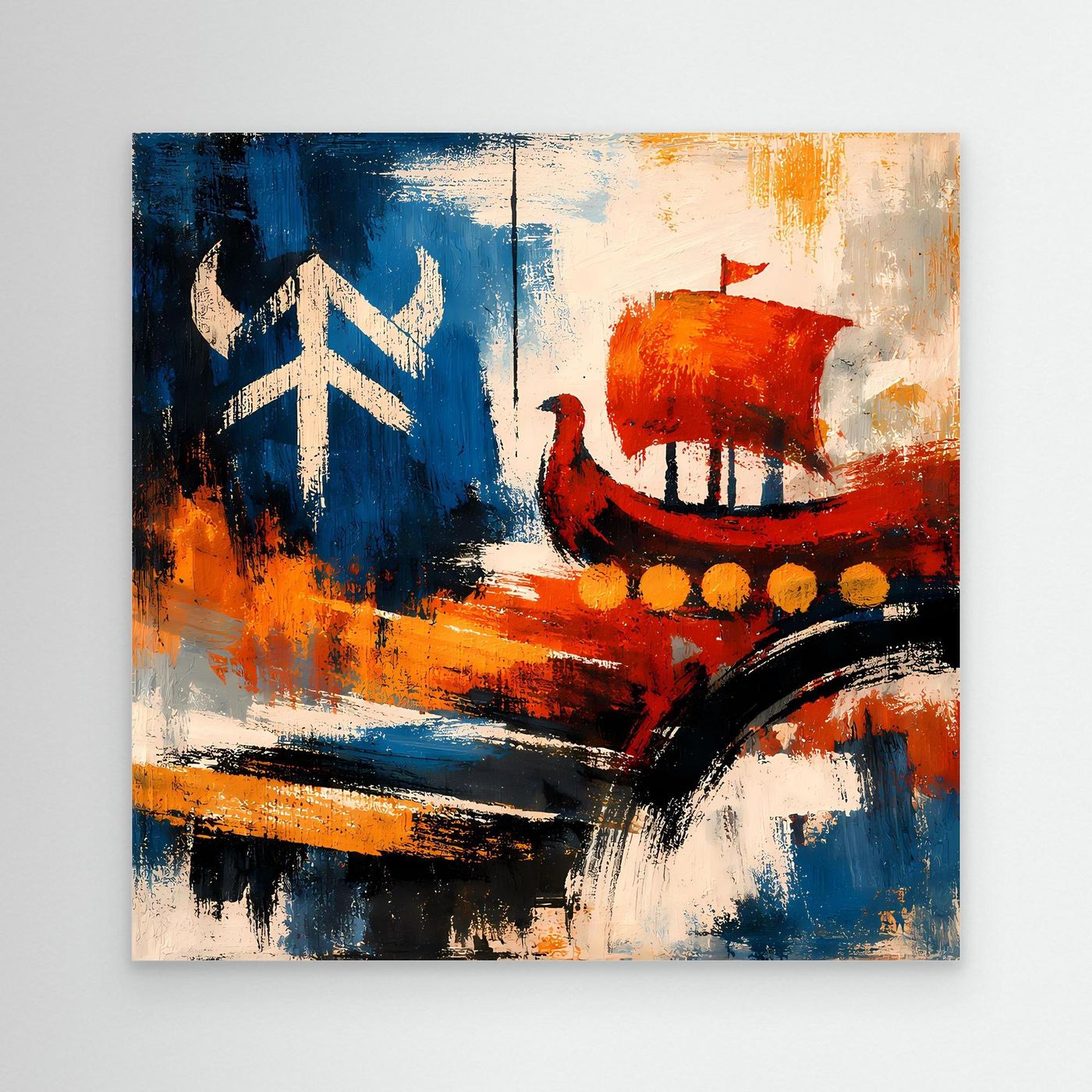 Abstraktes Leinwandbild mit Wikingerschiff in Blau, Rot und Schwarz ohne sichtbaren Rahmen