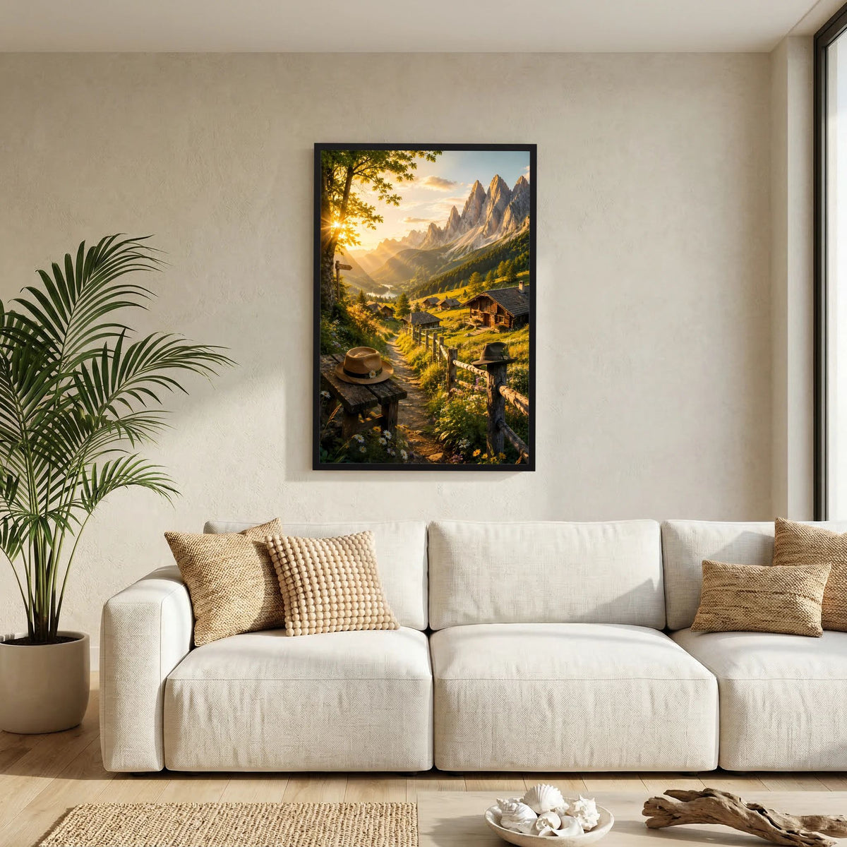 Hochformat-Poster mit schwarzem Rahmen: Alpenlandschaft mit Berghütten, Sonnenstrahlen und Gipfeln