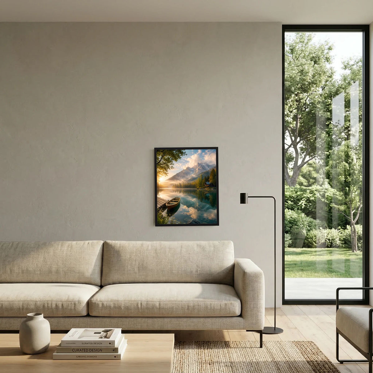 Gerahmtes Kunstposter mit Bergsee, Holzboot am Ufer und Bergpanorama, schwarzer Rahmen