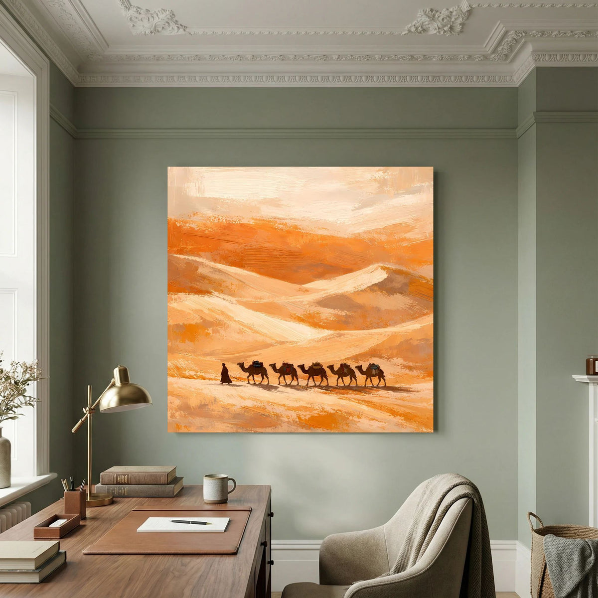 Leinwandbild mit Kamelkarawane in Orange und Sandtönen, Holzrahmen