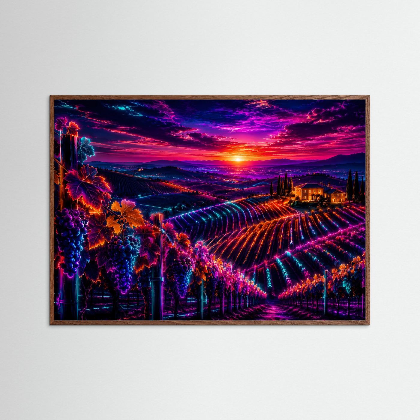 Weinberg Poster Neon | Toskana Sonnenuntergang Wandbild | Weinreben Landschaft | Leuchtende Fine Art | Moderne Wall Art
