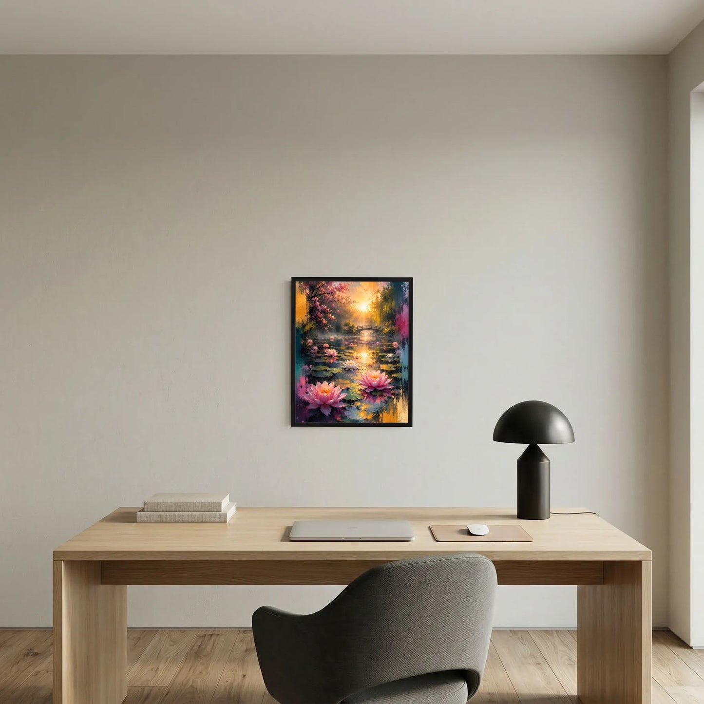 Gerahmtes Hochformat-Poster mit Lotusteich, Seerosen und goldenen Lichtreflexen