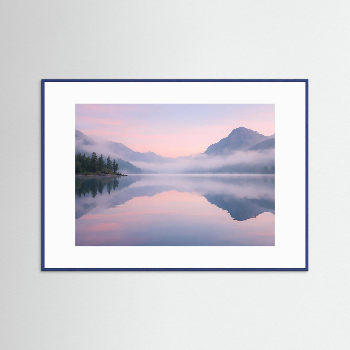 Wandkunst mit Bergsee-Landschaft, rosa-blauer Sonnenaufgang, blauer Rahmen